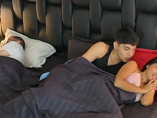 Hot stepsister shares couch with stepbro & his parents, and we get hot and heavy behind his back